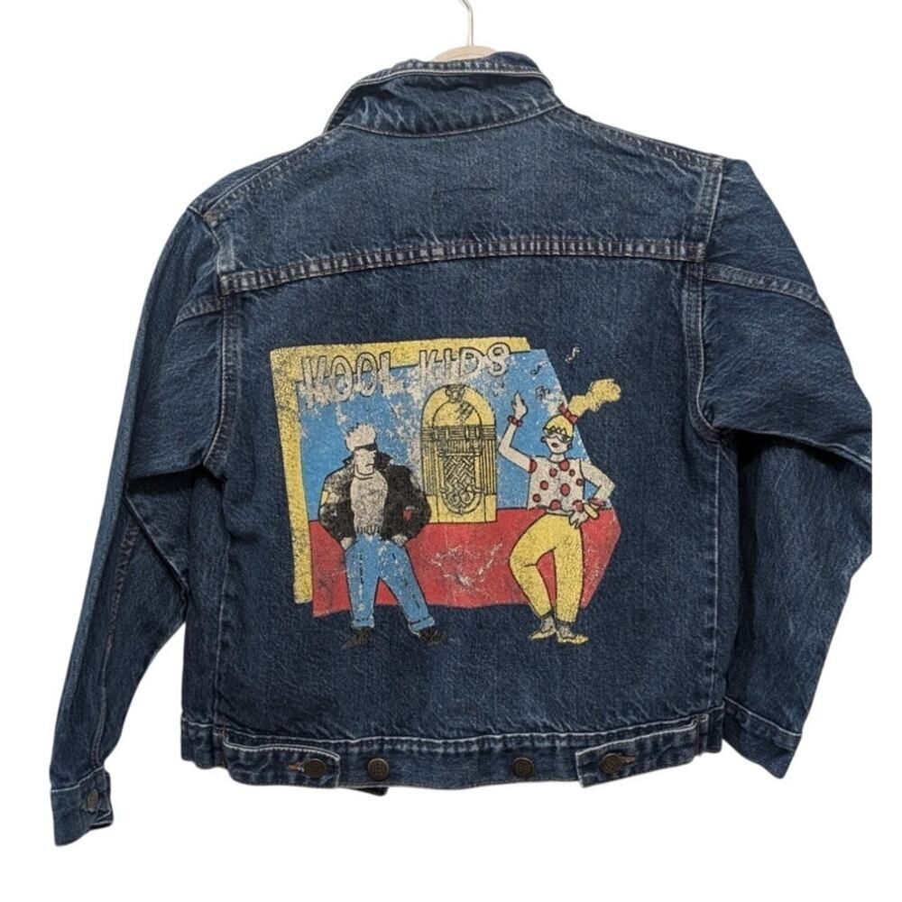 VINTAGE kool kids 80s theme blue jean denim jacket sz S Mariner's Club